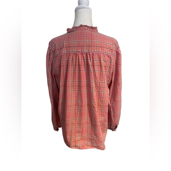 2 LOFT Size L Ruffle Blouses Pink & Blue Button Down Tops Feminine Work Casual - Picture 6 of 7